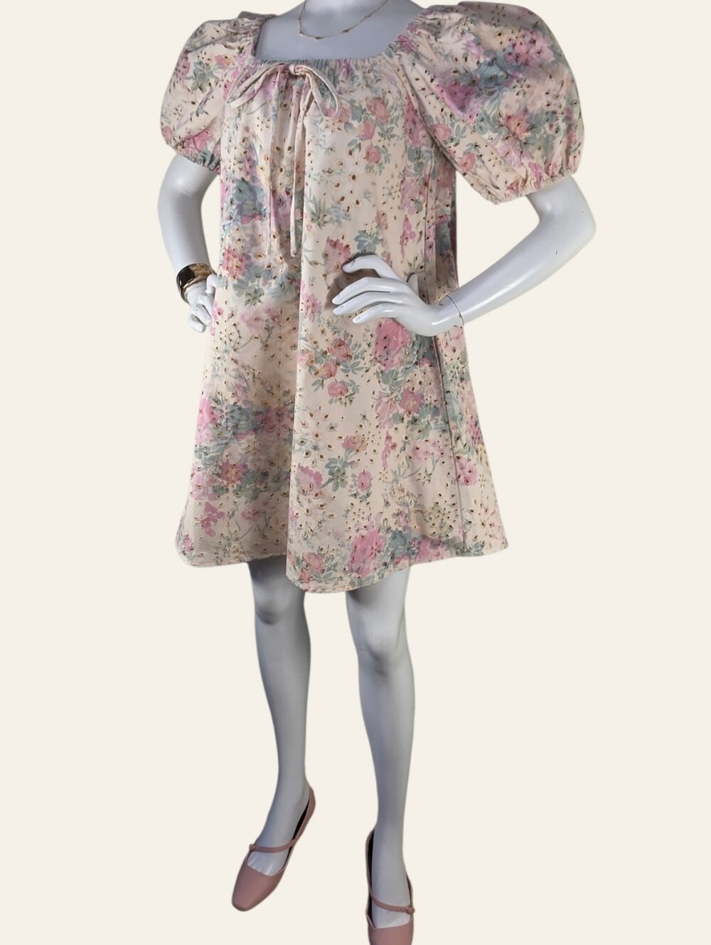 Gee Gee Floral Eyelet Puff Sleeve Mini Dress Cottagecore Small NWT